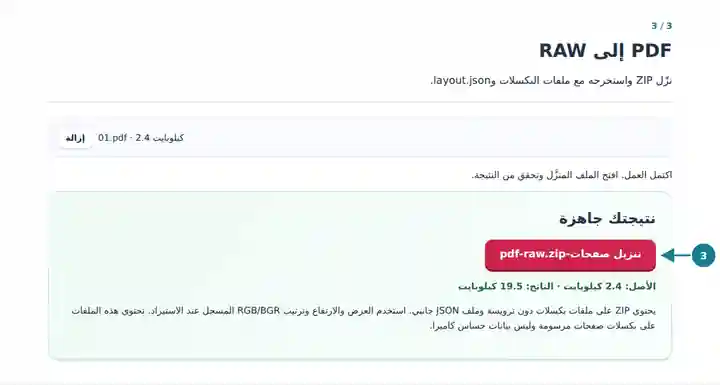 PDF إلى RAW: اكتمال تنزيل ZIP مع بيانات التخطيط الوصفية.
