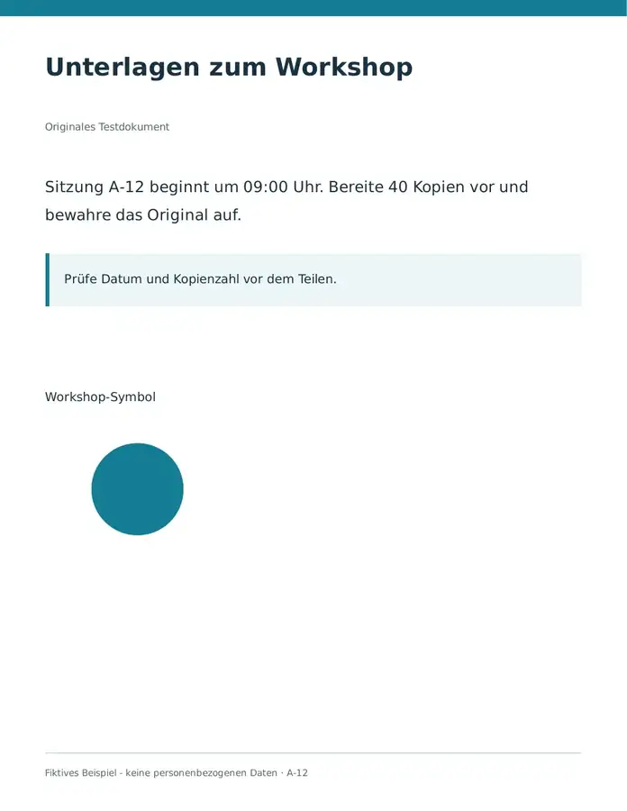 Tatsächliches erstes PDF mit einem türkisfarbenen Kreis unter dem Text.