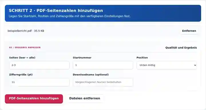 PDF-Seitenzahlen hinzufügen, Schritt 2: Legen Sie Startzahl, Position und Zahlengröße mit den verfügbaren Einstellungen fest.