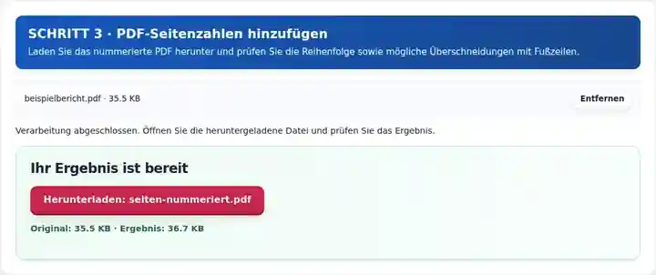 PDF-Seitenzahlen hinzufügen, Schritt 3: Laden Sie das nummerierte PDF herunter und prüfen Sie die Reihenfolge sowie mögliche Überschneidungen mit Fußzeilen.