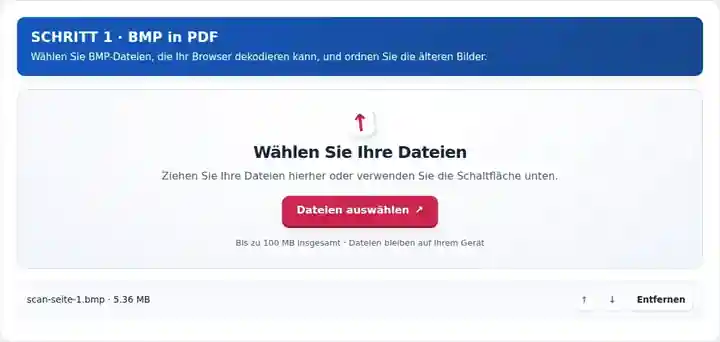 BMP in PDF, Schritt 1: Wählen Sie BMP-Dateien, die Ihr Browser dekodieren kann, und ordnen Sie die älteren Bilder.