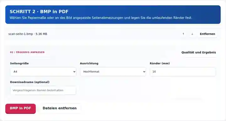 BMP in PDF, Schritt 2: Wählen Sie Papiermaße oder an das Bild angepasste Seitenabmessungen und legen Sie die umlaufenden Ränder fest.