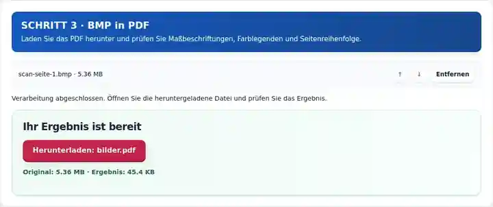BMP in PDF, Schritt 3: Laden Sie das PDF herunter und prüfen Sie Maßbeschriftungen, Farblegenden und Seitenreihenfolge.