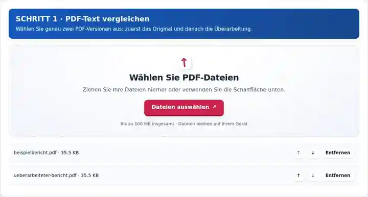 PDF-Text vergleichen, Schritt 1: Wählen Sie genau zwei PDF-Versionen aus: zuerst das Original und danach die Überarbeitung.