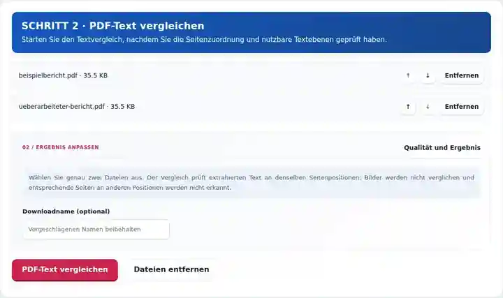 PDF-Text vergleichen, Schritt 2: Starten Sie den Textvergleich, nachdem Sie die Seitenzuordnung und nutzbare Textebenen geprüft haben.