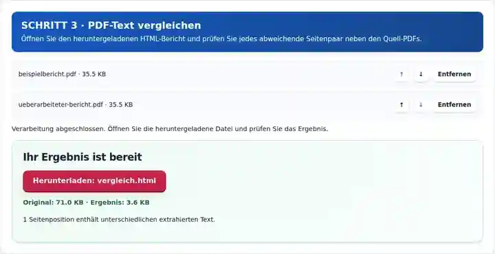PDF-Text vergleichen, Schritt 3: Öffnen Sie den heruntergeladenen HTML-Bericht und prüfen Sie jedes abweichende Seitenpaar neben den Quell-PDFs.