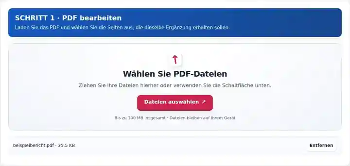 PDF bearbeiten, Schritt 1: Laden Sie das PDF und wählen Sie die Seiten aus, die dieselbe Ergänzung erhalten sollen.
