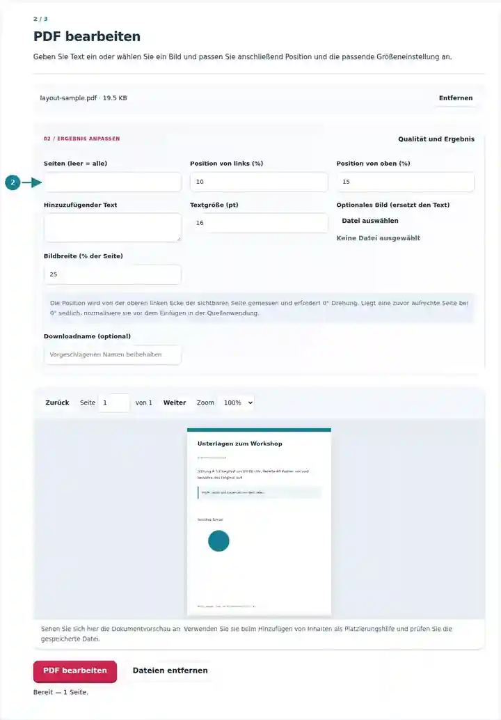 PDF bearbeiten, Schritt 2: Geben Sie Text ein oder wählen Sie ein Bild und passen Sie anschließend Position und die passende Größeneinstellung an.