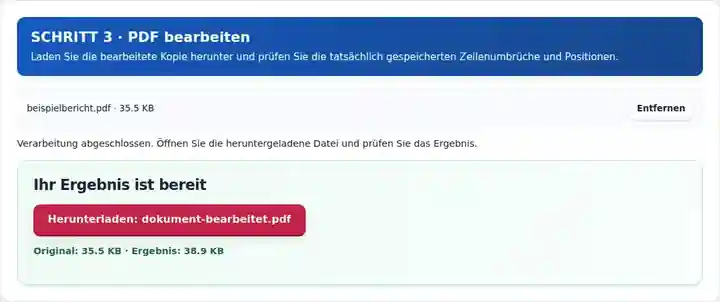 PDF bearbeiten, Schritt 3: Laden Sie die bearbeitete Kopie herunter und prüfen Sie die tatsächlich gespeicherten Zeilenumbrüche und Positionen.