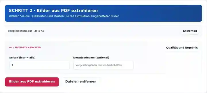 Bilder aus PDF extrahieren, Schritt 2: Wählen Sie die Quellseiten und starten Sie die Extraktion eingebetteter Bilder.