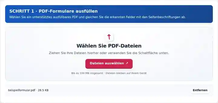 PDF-Formulare ausfüllen, Schritt 1: Wählen Sie ein unterstütztes ausfüllbares PDF und gleichen Sie die erkannten Felder mit den Seitenbeschriftungen ab.