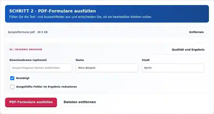 PDF-Formulare ausfüllen, Schritt 2: Füllen Sie die Text- und Auswahlfelder aus und entscheiden Sie, ob sie bearbeitbar bleiben sollen.