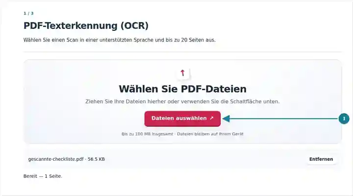 PDF-Texterkennung (OCR), Schritt 1: Wählen Sie einen Scan in einer unterstützten Sprache und bis zu 20 Seiten aus.