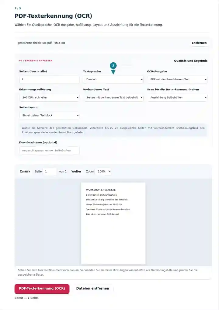 PDF-Texterkennung (OCR), Schritt 2: Wählen Sie Quellsprache, OCR-Ausgabe, Auflösung, Layout und Ausrichtung für die Texterkennung.