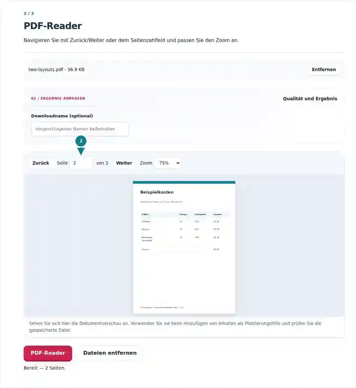 PDF-Reader, Schritt 2: Navigieren Sie mit Zurück/Weiter oder dem Seitenzahlfeld und passen Sie den Zoom an.