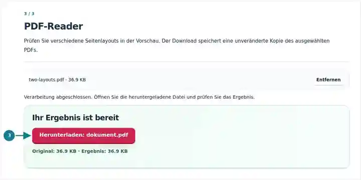 PDF-Reader, Schritt 3: Prüfen Sie verschiedene Seitenlayouts in der Vorschau. Der Download speichert eine unveränderte Kopie des ausgewählten PDFs.