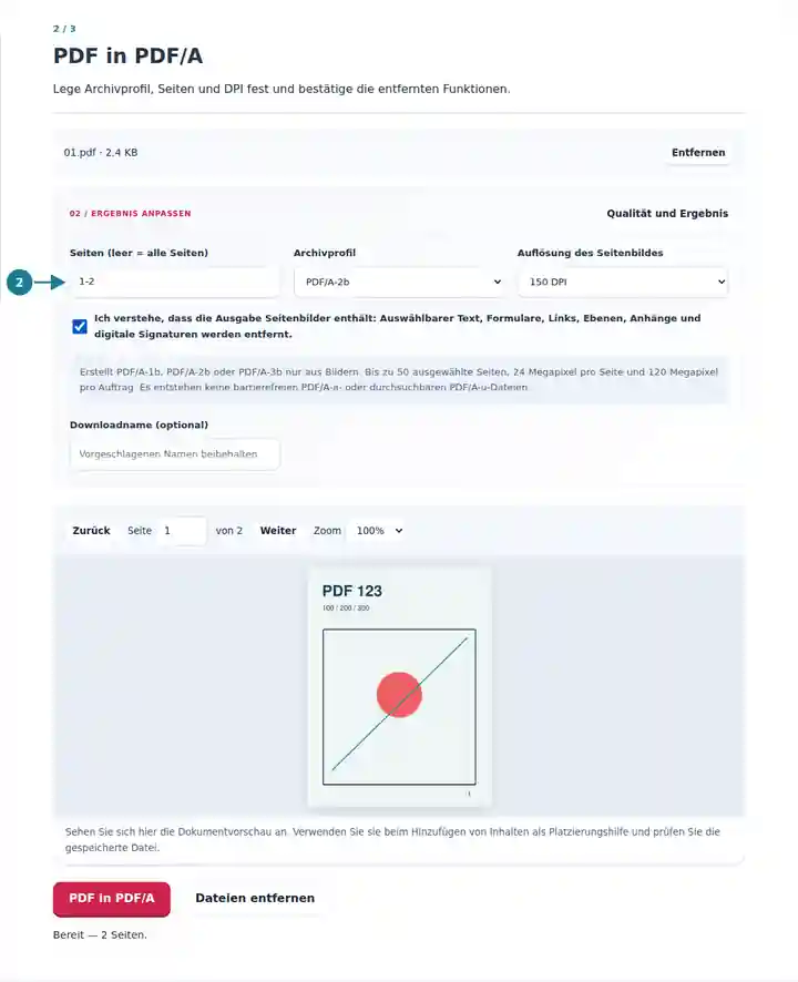 PDF in PDF/A: Einstellungen für Profilwahl, Bildauflösung und Bestätigung.
