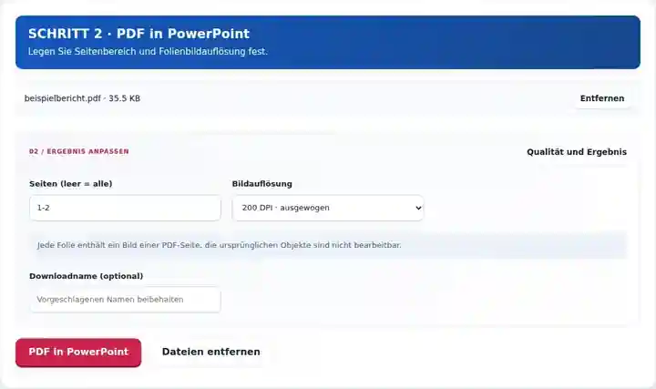 PDF in PowerPoint, Schritt 2: Legen Sie Seitenbereich und Folienbildauflösung fest.