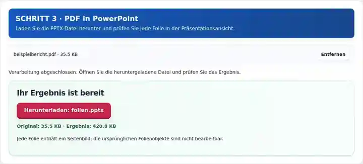 PDF in PowerPoint, Schritt 3: Laden Sie die PPTX-Datei herunter und prüfen Sie jede Folie in der Präsentationsansicht.