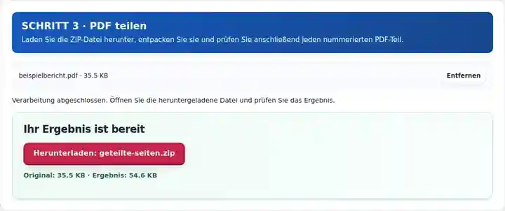 PDF teilen, Schritt 3: Laden Sie die ZIP-Datei herunter, entpacken Sie sie und prüfen Sie anschließend jeden nummerierten PDF-Teil.