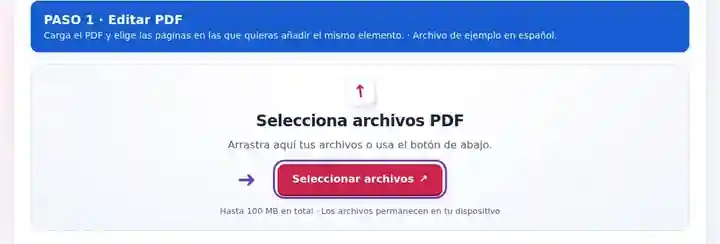 Editar PDF, paso 1: Carga el PDF y elige las páginas en las que quieras añadir el mismo elemento.