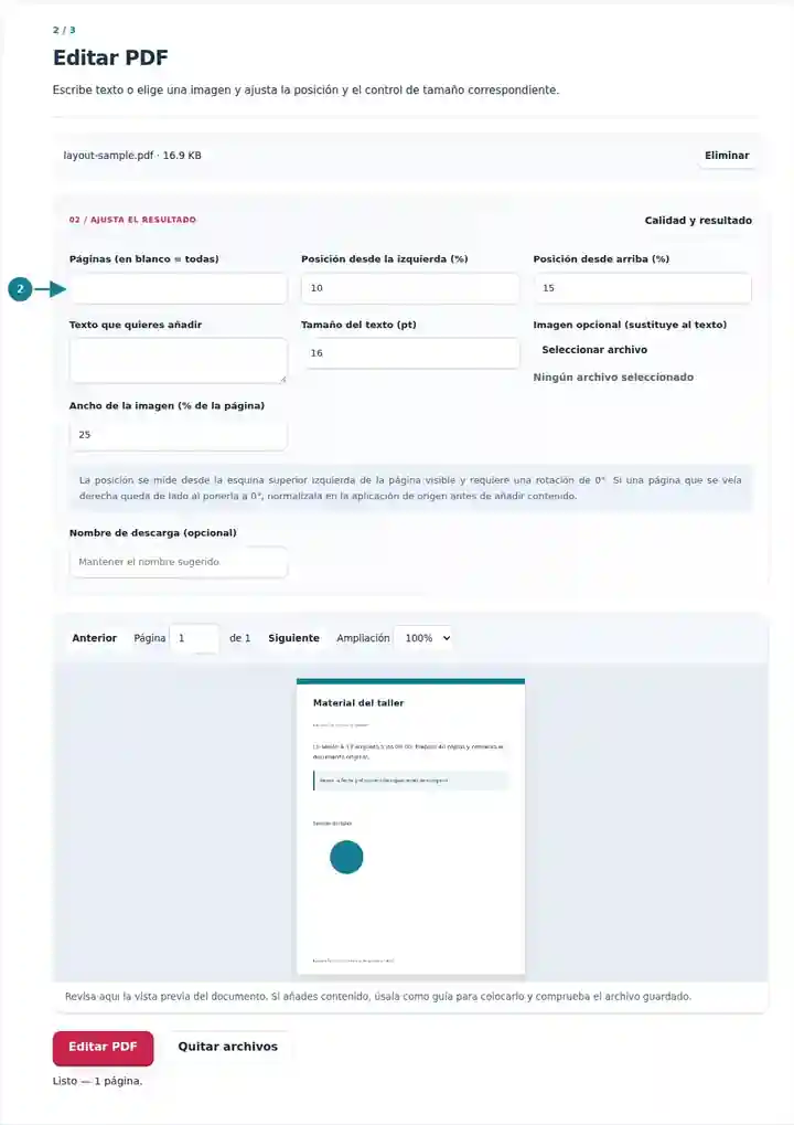 Editar PDF, paso 2: Escribe texto o elige una imagen y ajusta la posición y el control de tamaño correspondiente.