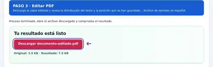 Editar PDF, paso 3: Descarga la copia editada y revisa la distribución del texto y la posición que se han guardado.