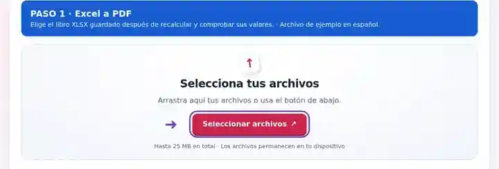 Excel a PDF, paso 1: Elige el libro XLSX guardado después de recalcular y comprobar sus valores.