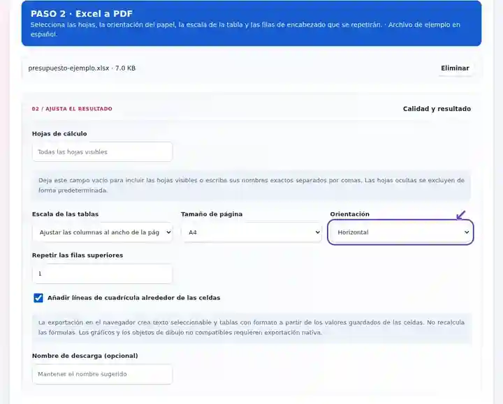 Excel a PDF, paso 2: Selecciona las hojas, la orientación del papel, la escala de la tabla y las filas de encabezado que se repetirán.