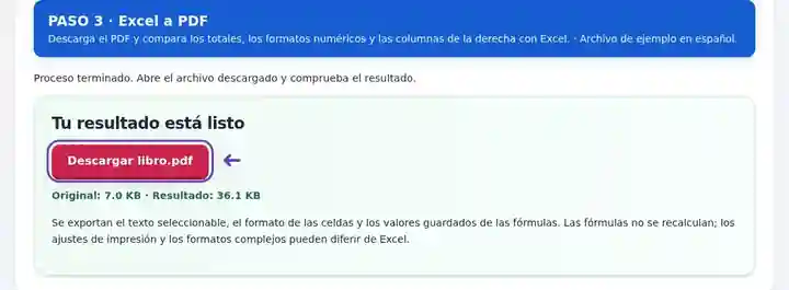 Excel a PDF, paso 3: Descarga el PDF y compara los totales, los formatos numéricos y las columnas de la derecha con Excel.