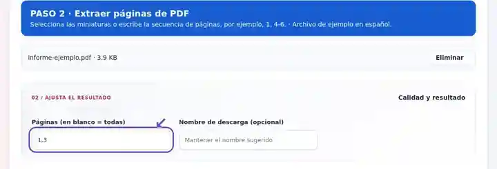 Extraer páginas de PDF, paso 2: Selecciona las miniaturas o escribe la secuencia de páginas, por ejemplo, 1, 4-6.