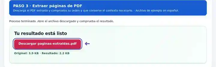 Extraer páginas de PDF, paso 3: Descarga el PDF extraído y comprueba su orden y que conserve el contexto necesario.