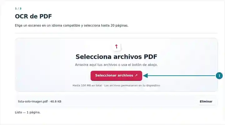 OCR de PDF, paso 1: Elige un escaneo en un idioma compatible y selecciona hasta 20 páginas.