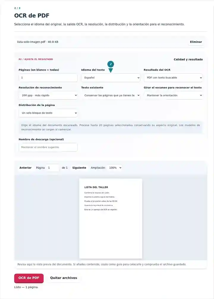 OCR de PDF, paso 2: Selecciona el idioma del original, la salida OCR, la resolución, la distribución y la orientación para el reconocimiento.