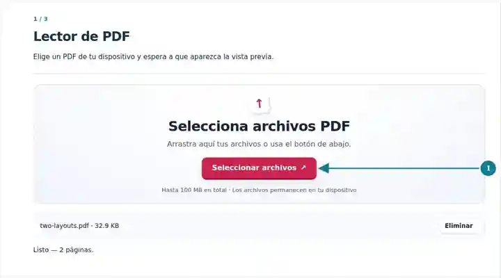 Lector de PDF, paso 1: Elige un PDF de tu dispositivo y espera a que aparezca la vista previa.