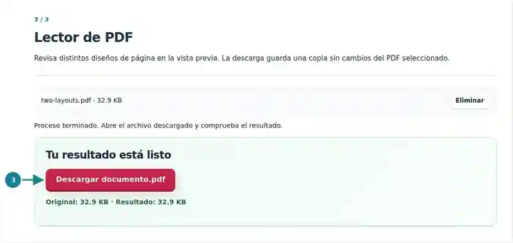 Lector de PDF, paso 3: Revisa distintos diseños de página en la vista previa. La descarga guarda una copia sin cambios del PDF seleccionado.