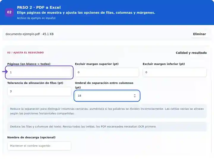 PDF a Excel, paso 2: Elige páginas de muestra y ajusta las opciones de filas, columnas y márgenes.