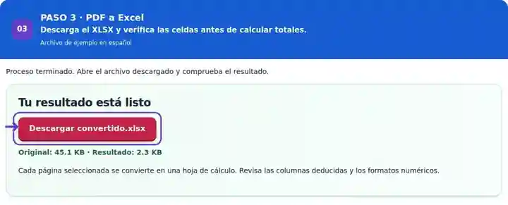 PDF a Excel, paso 3: Descarga el XLSX y verifica las celdas antes de calcular totales.