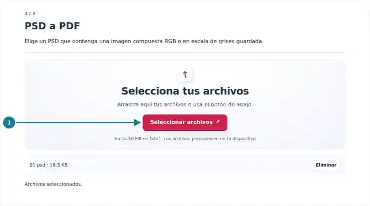 PSD a PDF: selección de un archivo PSD de ejemplo compatible.