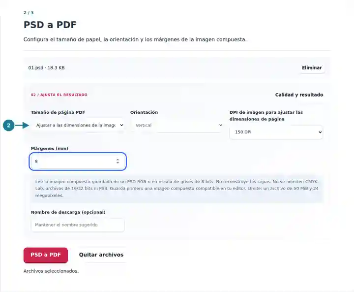 PSD a PDF: controles de tamaño de papel, orientación y márgenes.