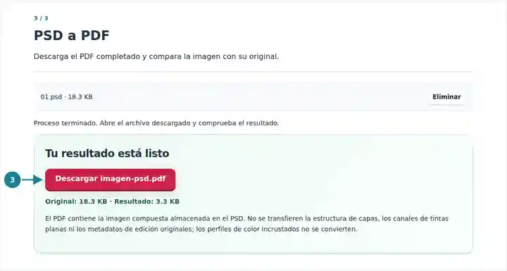 PSD a PDF: conversión de la imagen compuesta completada.