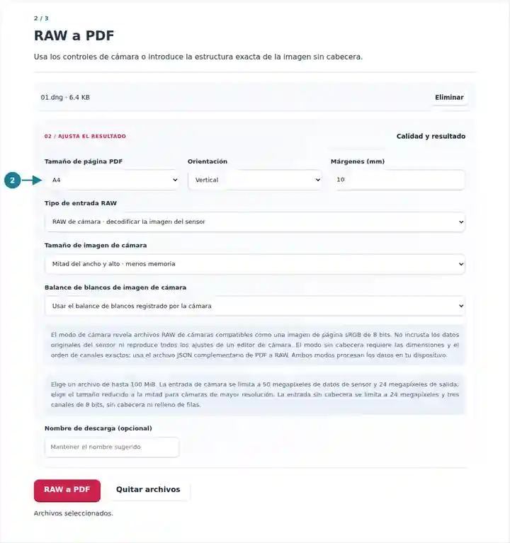 RAW a PDF: modo de entrada, estructura de píxeles y ajustes de página PDF.