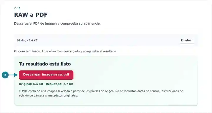 RAW a PDF: conversión de imagen completada y descarga del PDF.