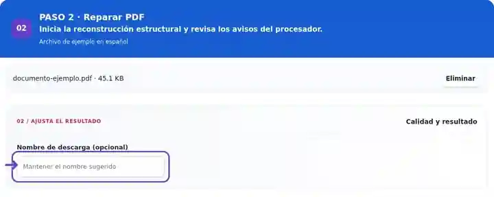 Reparar PDF, paso 2: Inicia la reconstrucción estructural y revisa los avisos del procesador.