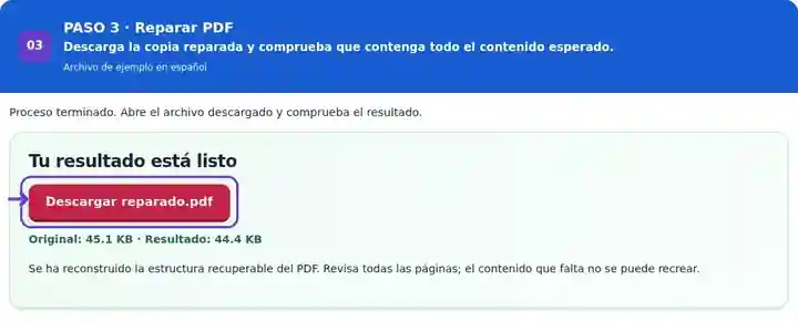Reparar PDF, paso 3: Descarga la copia reparada y comprueba que contenga todo el contenido esperado.