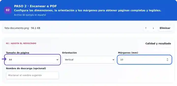 Escanear a PDF, paso 2: Configura las dimensiones, la orientación y los márgenes para obtener páginas completas y legibles.