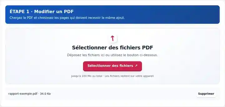 Modifier un PDF, étape 1 : Chargez le PDF et choisissez les pages qui doivent recevoir le même ajout.