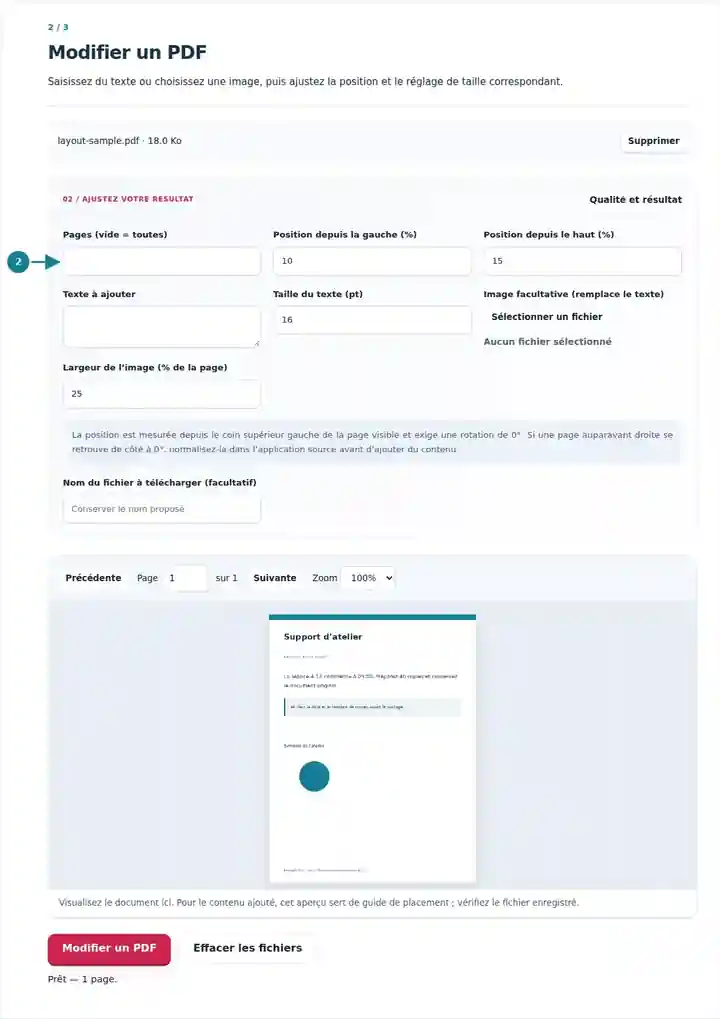 Modifier un PDF, étape 2 : Saisissez du texte ou choisissez une image, puis ajustez la position et le réglage de taille correspondant.