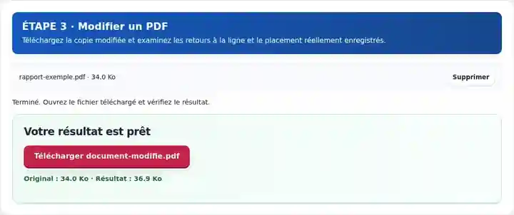 Modifier un PDF, étape 3 : Téléchargez la copie modifiée et examinez les retours à la ligne et le placement réellement enregistrés.