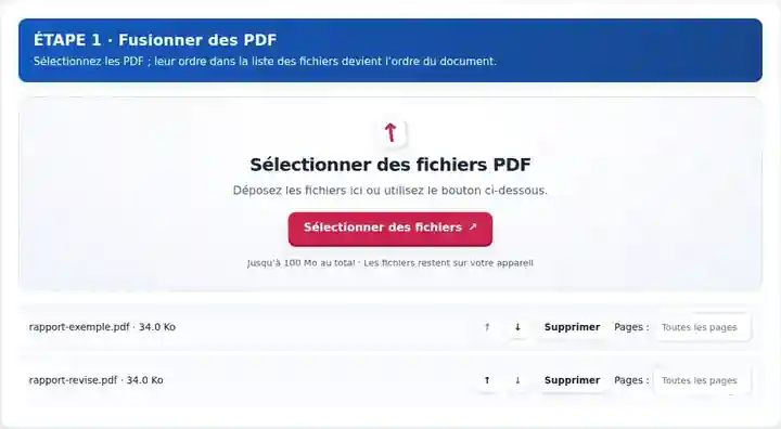 Fusionner des PDF, étape 1 : Sélectionnez les PDF ; leur ordre dans la liste des fichiers devient l’ordre du document.